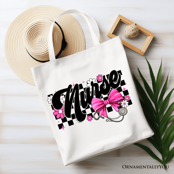 ForProduct-02NurseFloralCoquettePinkBowCanvasToteBag_RetroStethoscopeCheckeredCoworkerGift_ab015096-d113-442f-b108-88d08f48f539